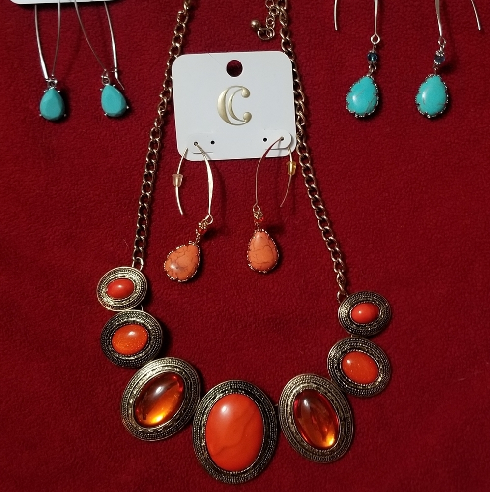 Orange Stone Statement Necklace & 4 Earring Sets